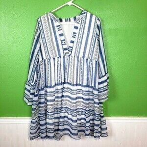 Women's Boutique Boho Blue Geo Shape Striped Circle Flowy Tunic Top Size Large